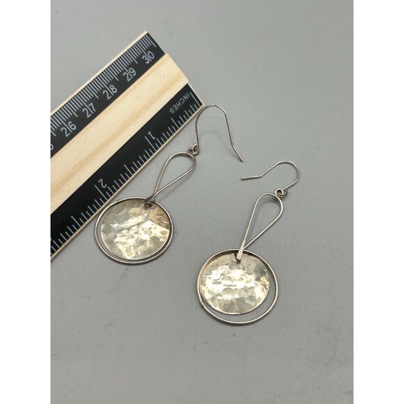 Sterling Silver 925 Dangles Earrings Pierced Long Drops with Hammered Disks - Picture 5 of 6